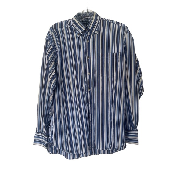TOMMY HILFIGER - Vintage 80s - Men’s - L/S Casual Dress Shirt - M - Blue Striped - Picture 3 of 7